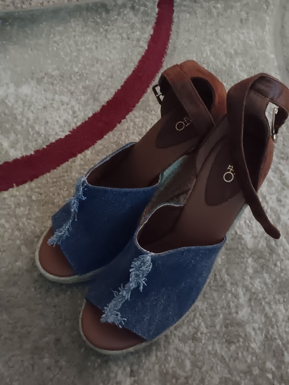 Cato Denim Frayed Open-Toe Wedge Sandals in Blue and Brown